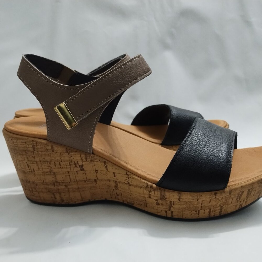 Naot Summer Platform Wedge Sandal in Black and Tan Leather